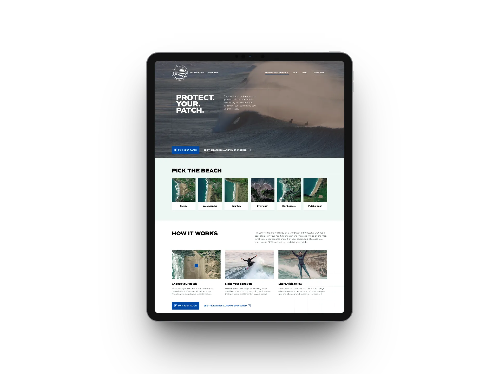 The Protect Your Patch website on a tablet and phone, showing the landing page with beaches to pick from and how it works