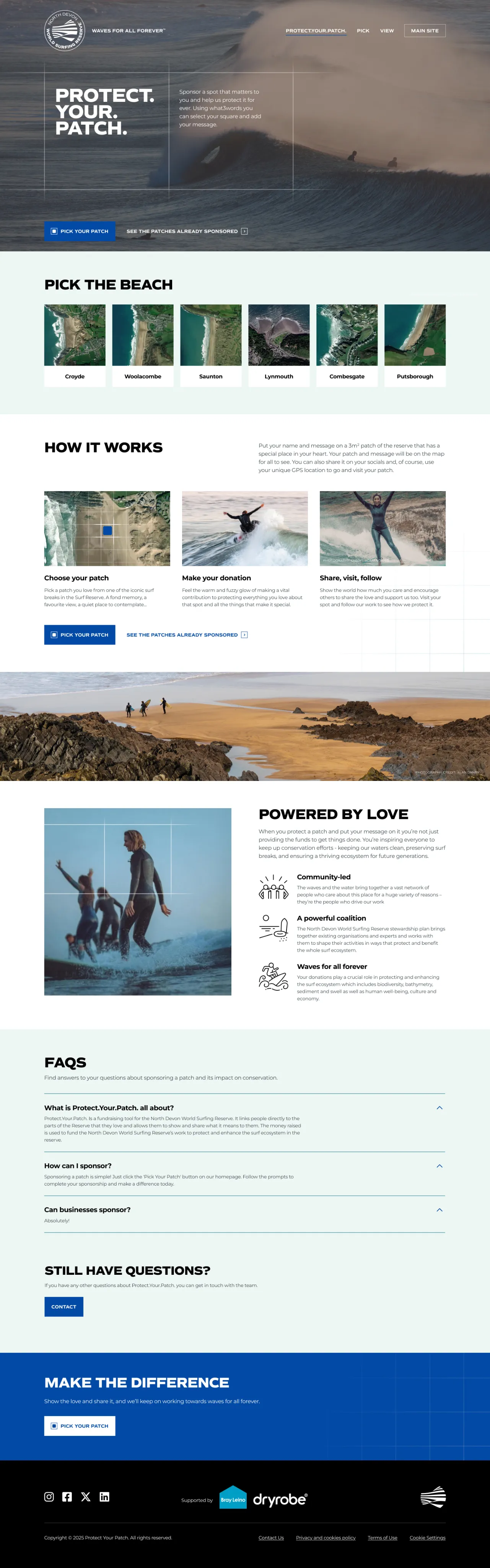 Final design of the full Protect Your Patch homepage: the hero, Pick the Beach, How It Works, Powered by Love, FAQs and Make the Difference sections.