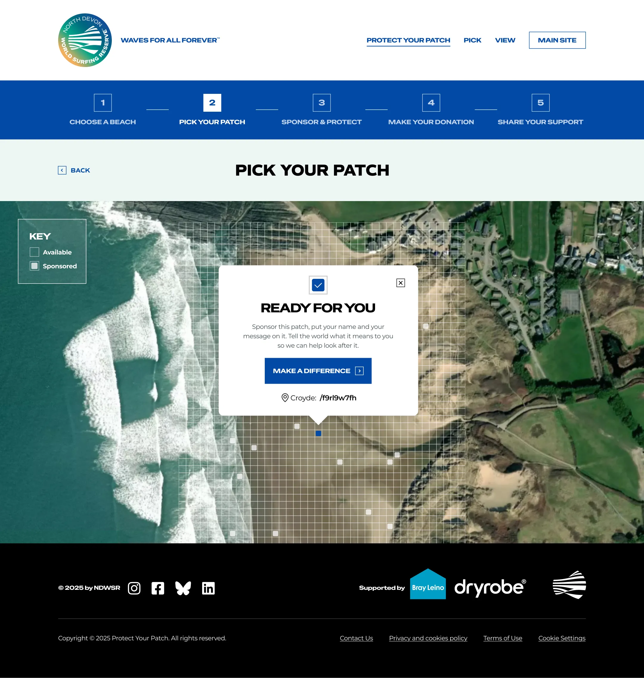 Final design of the Pick Your Patch step: an aerial map of Croyde beach divided into a grid of patches, with a pop-up inviting the user to sponsor an available patch.