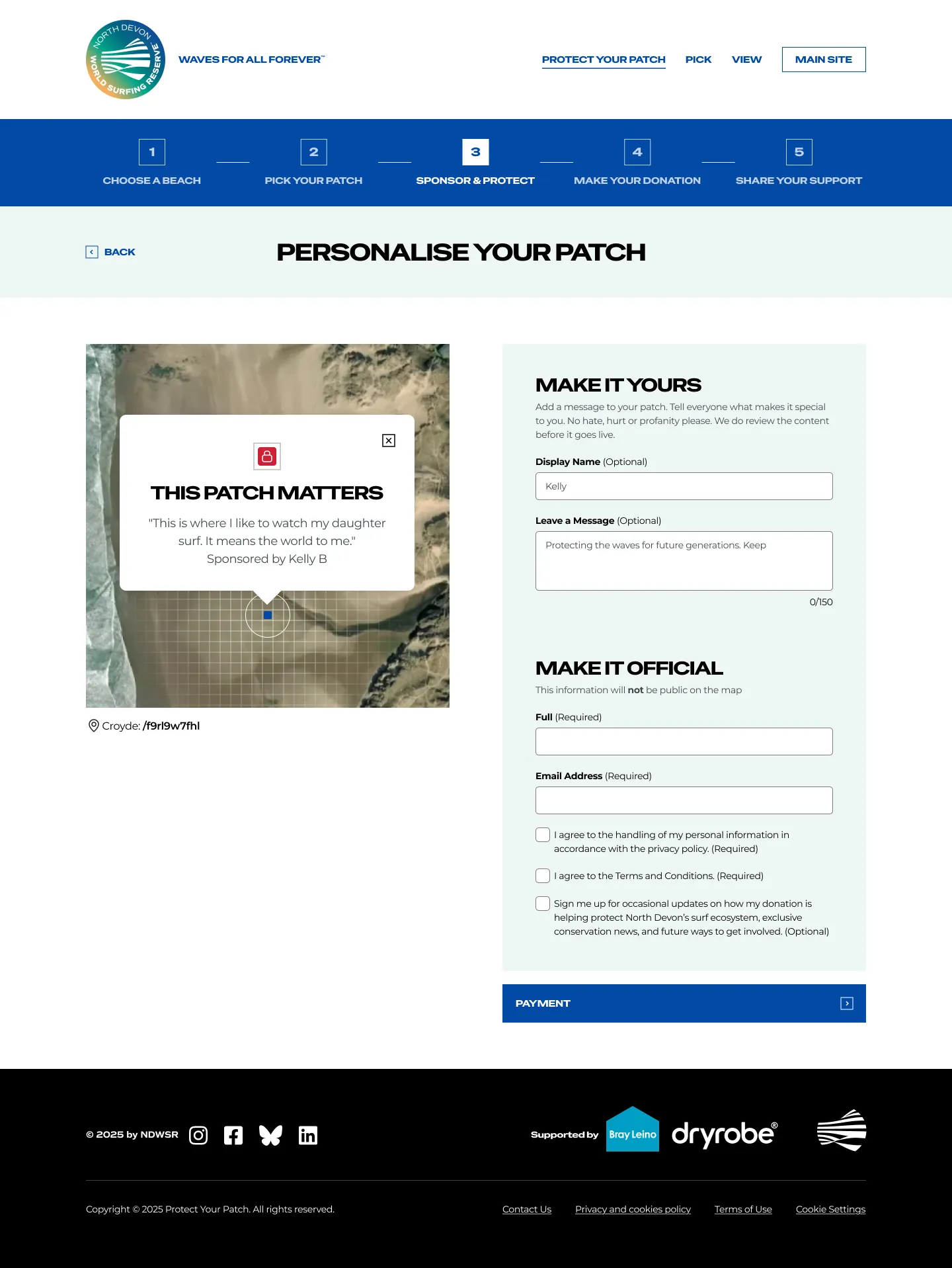 Final design of the Personalise Your Patch step: the chosen patch on the map with a sponsor’s message, next to a form to add a display name, a message and contact details before payment.