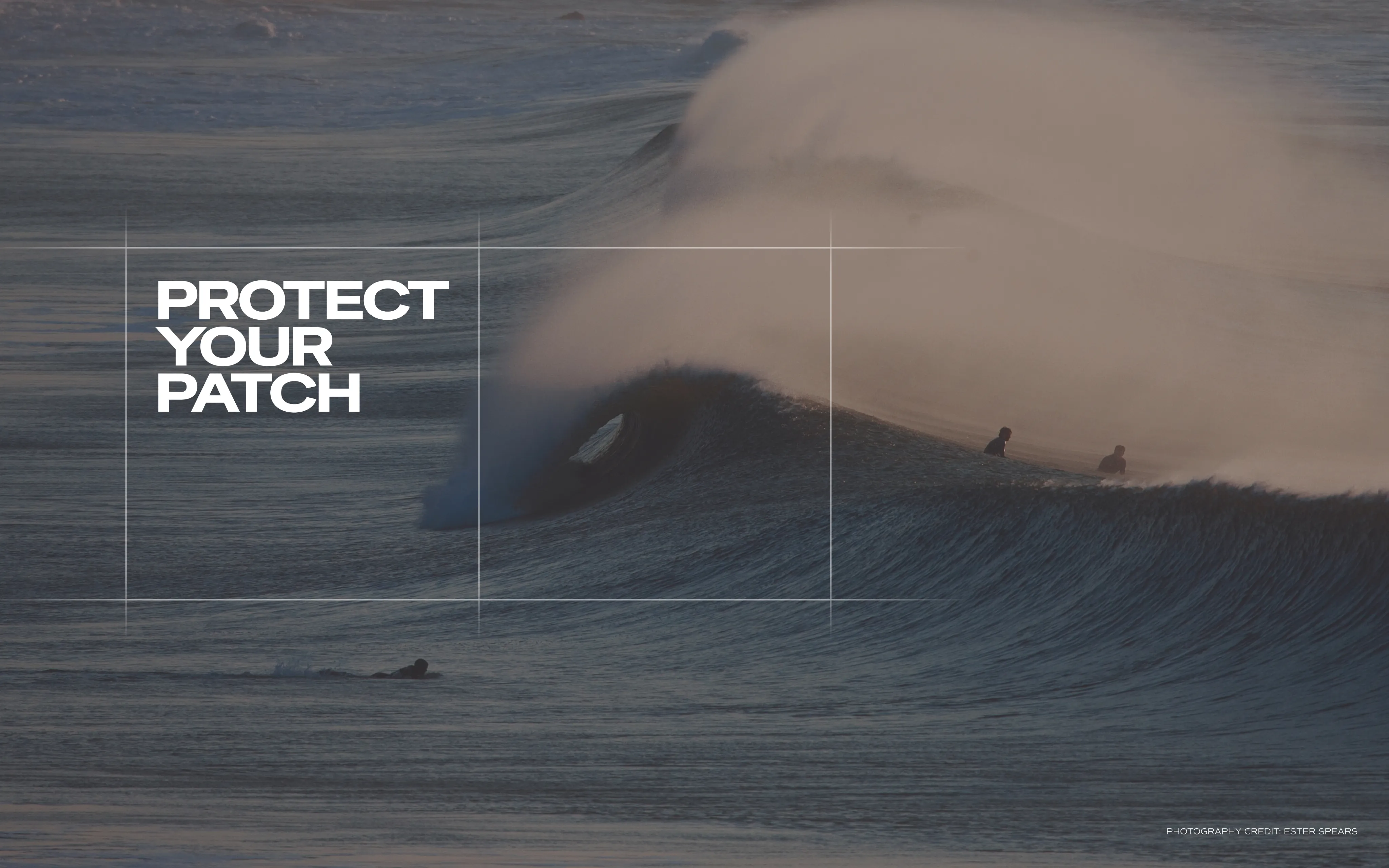Surfers in the water as a large wave breaks at dusk, with the Protect Your Patch wordmark overlaid