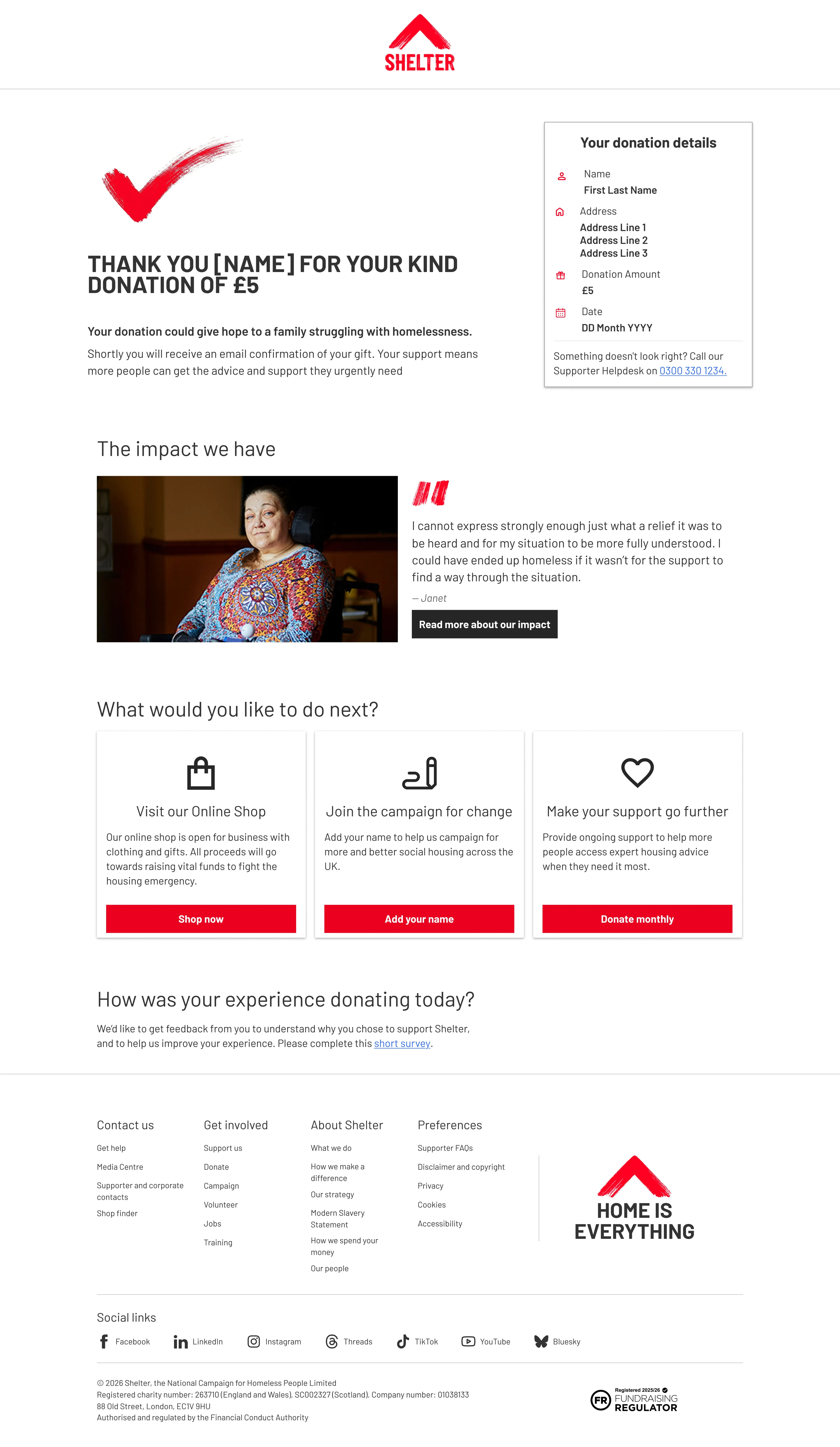 Redesigned Shelter thank-you page with a confirmation section, an impact story and three next-step cards