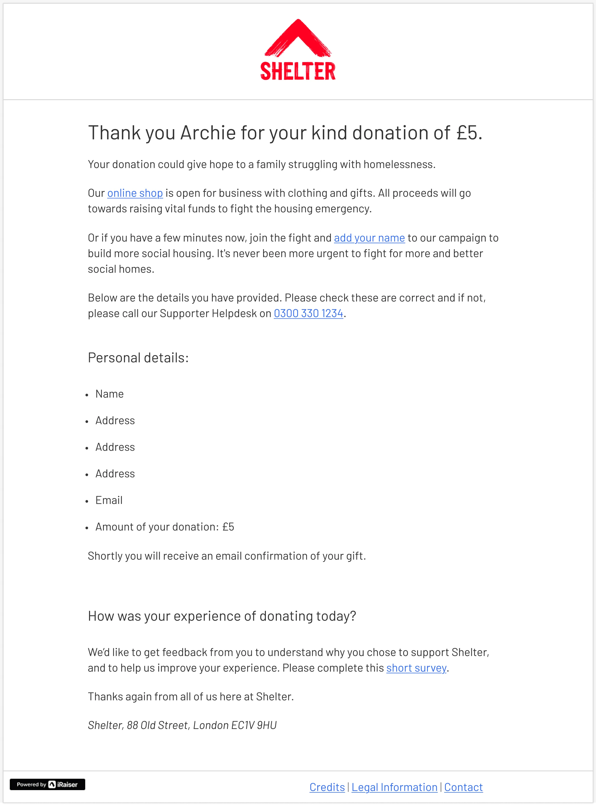Shelter’s original thank-you page: a single block of text with donation details and inline links