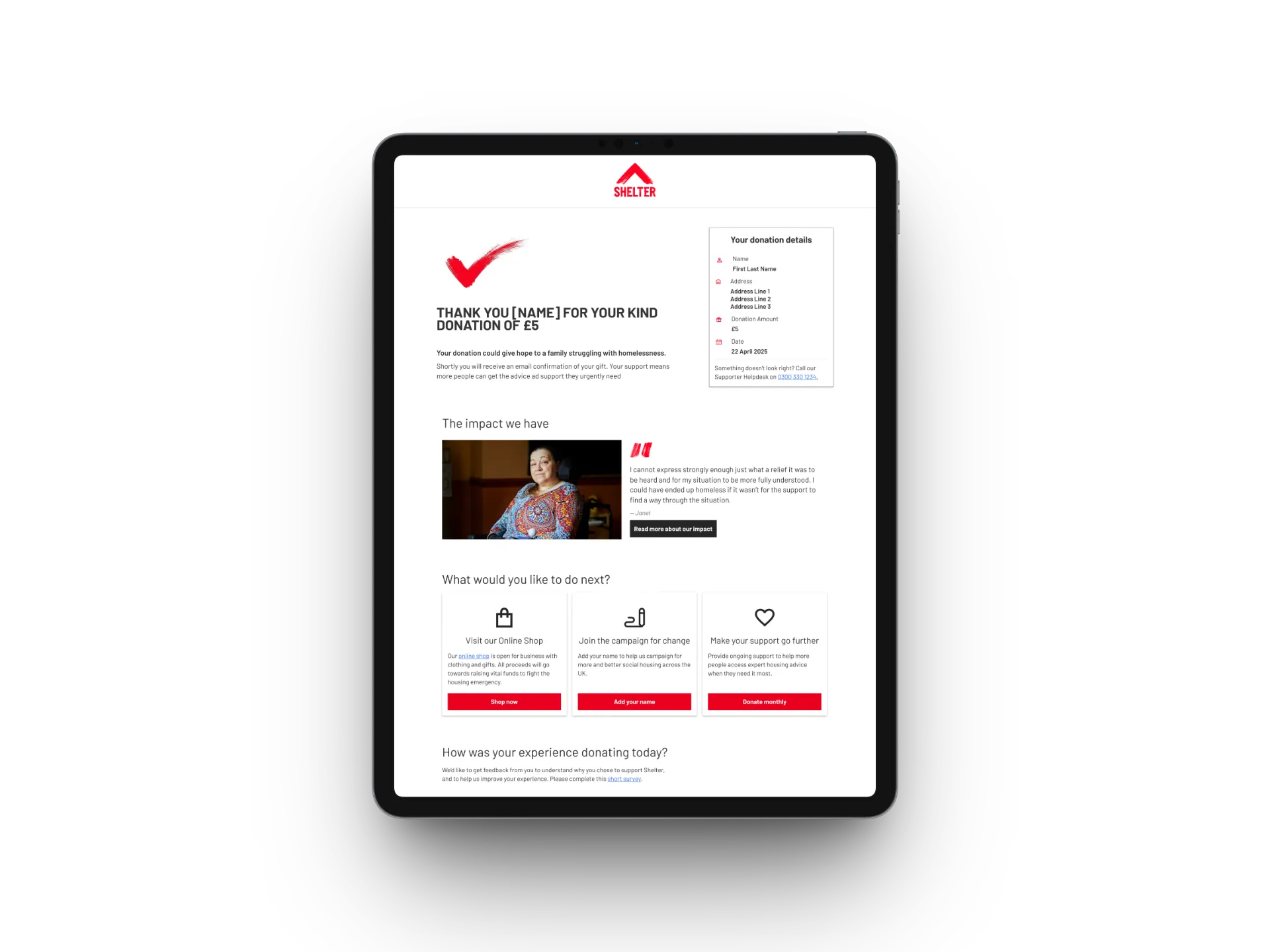 Redesigned Shelter thank-you page shown on a tablet