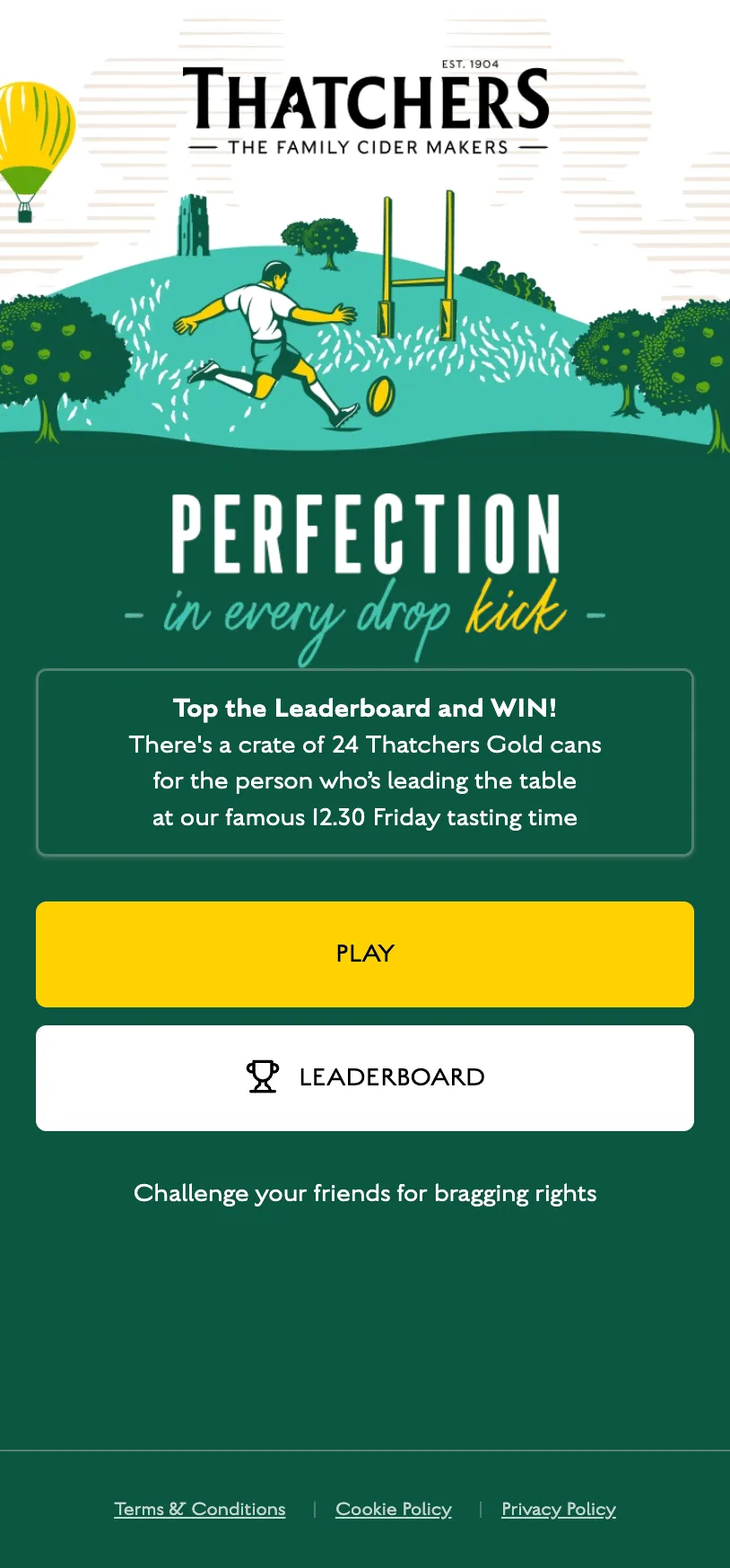Final start screen: Perfection in every drop kick, with this week’s prize and Play and Leaderboard buttons.