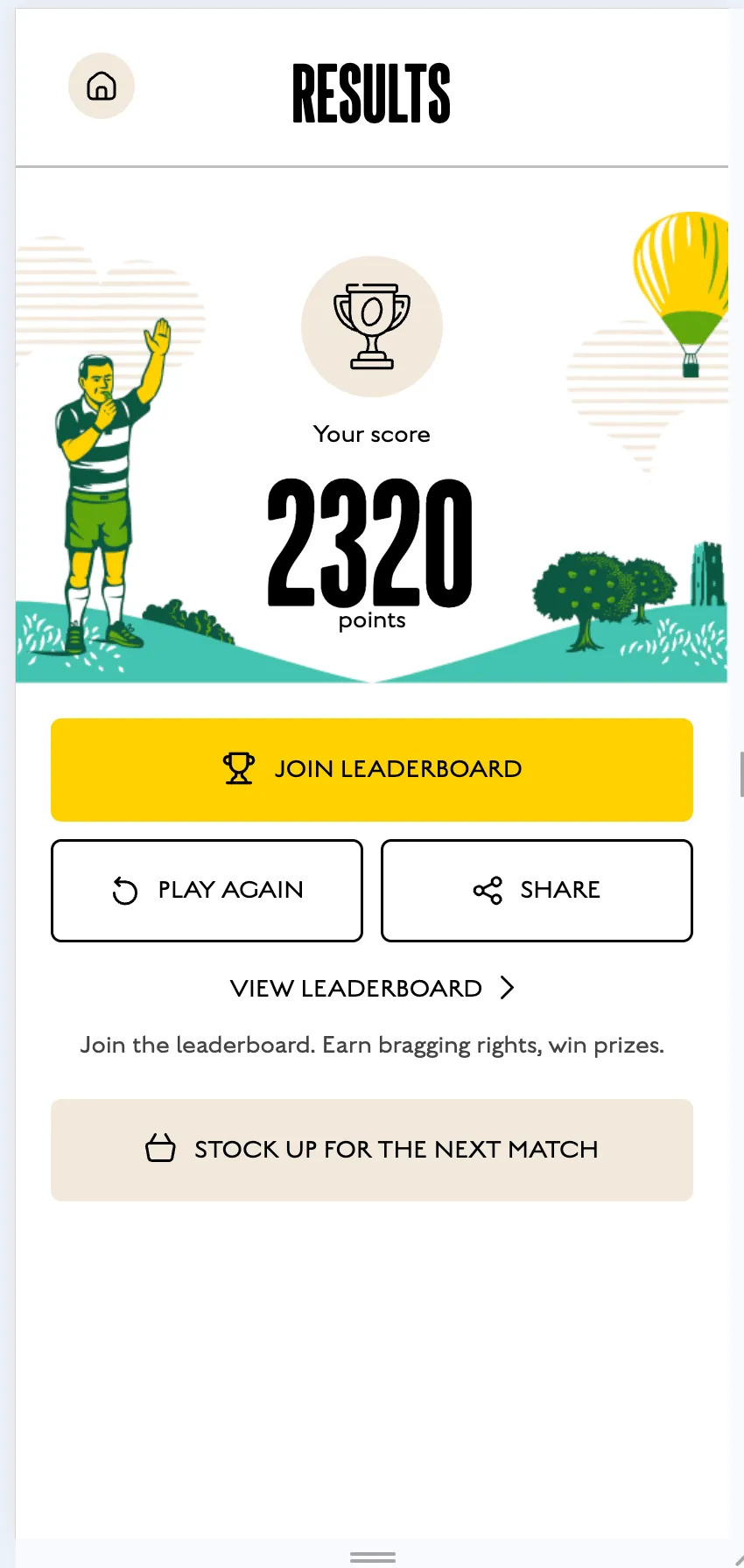 Final results screen showing a score of 2320 points, with Join Leaderboard, Play Again and Share buttons.