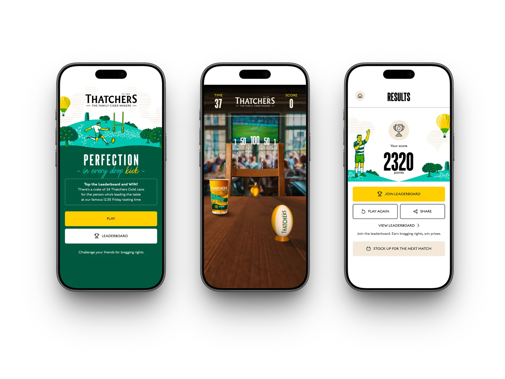 Three phone screens from the Perfection in Every Dropkick game: the start screen, a rugby ball on a pub table mid-game, and a results screen