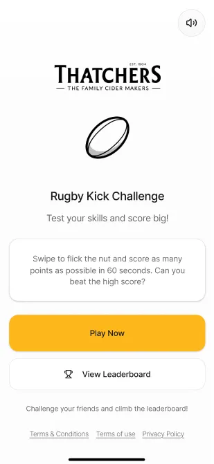 Wireframe of the landing screen: Rugby Kick Challenge, with Play Now and View Leaderboard buttons.