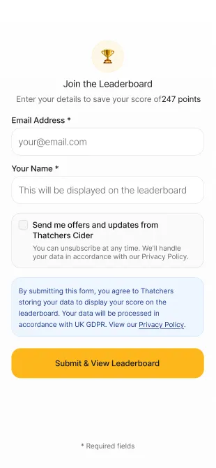 Wireframe of the Join the Leaderboard form, with email, name and marketing consent.