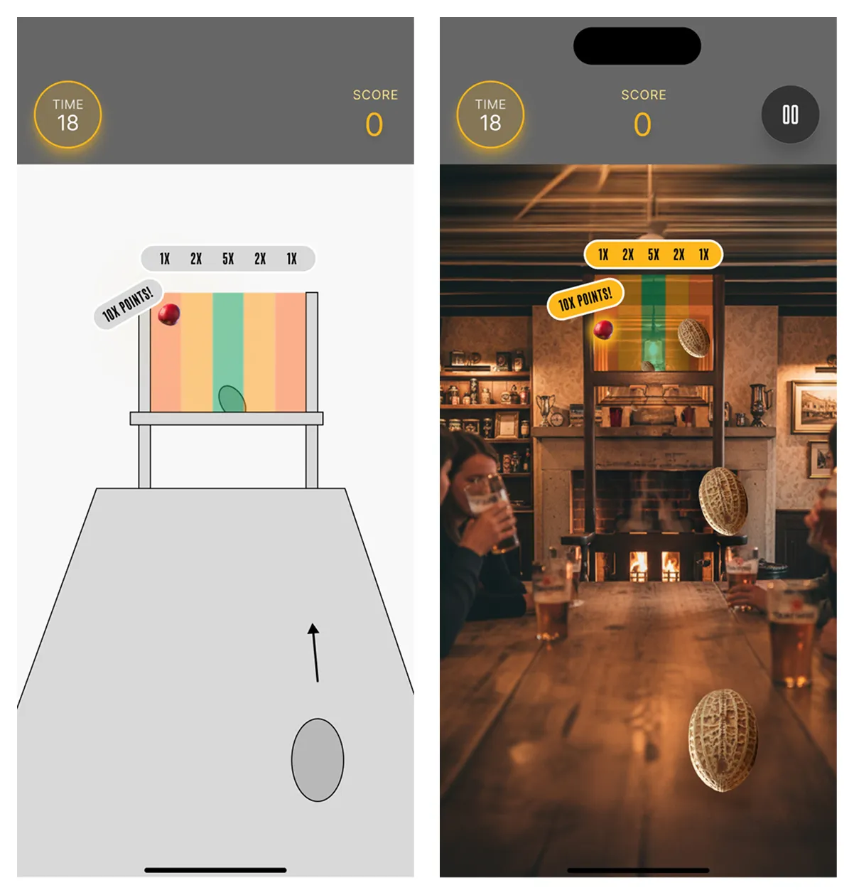 A gameplay wireframe next to an early visual of the same screen: the ball is flicked towards scoring zones on a chair back in a pub, with time and score at the top.